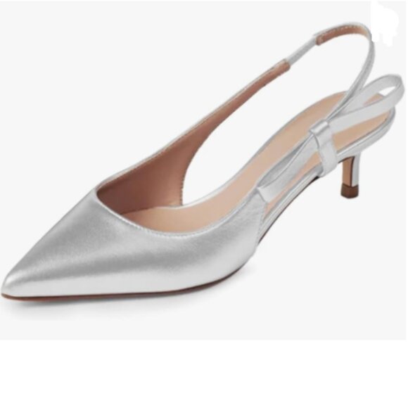 Milooey shoes Silver Pointed Toe Side Bow Pump Kitten Low Heels Slingback Sandal - Picture 1 of 8